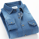 Spring Autumn Men Denim Thin Shirt Long Sleeve Soft 100% Cotton Two Pockets Slim Slight Elastic Jeans Cowboy 4XL - ENSEIGNE DENIS