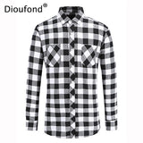 Dioufond Mens Pocket Flannel Plaid Cotton Shirt Long Sleeve Checkered Casual Slim Fit Black Warm Autumn Winter Shirts New