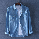 Spring Autumn Men Denim Thin Shirt Long Sleeve Soft 100% Cotton Two Pockets Slim Slight Elastic Jeans Cowboy 4XL - ENSEIGNE DENIS