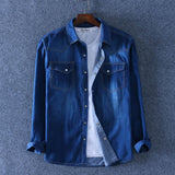 Spring Autumn Men Denim Thin Shirt Long Sleeve Soft 100% Cotton Two Pockets Slim Slight Elastic Jeans Cowboy 4XL - ENSEIGNE DENIS