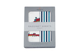 Vintage Steam Trains and Blue and White Stripe Bamboo Bassinet Sheets