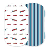 Vintage Steam Trains and Blue and White Stripe Bamboo Bassinet Sheets